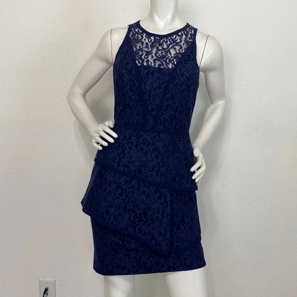 Navy Blue See-Thru Top Lace Preppy Tiered Party Cocktail Peplum Sheath Dress - Picture 1 of 6